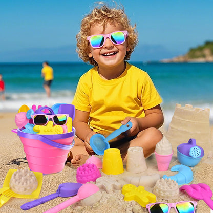 Fegalop Sand Toy Set for Girls 31 Pieces, Sandpit Toy Beach Toy with Folding Bucket, Beach Toy Children with 5 Sand Shovel, Bucket, Sand Shapes, Sunglasses, Mesh Bag for Children