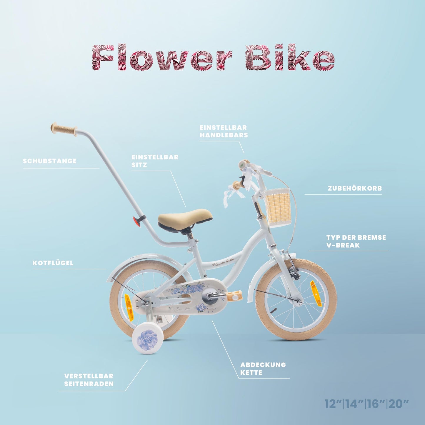 sun baby Mädchenfahrrad Flower Bike Radgröße zur Auswahl, mit Abnehmbarer Schubstange, Kinderfahrrad für Mädchen von 2 bis 6 Jahre
