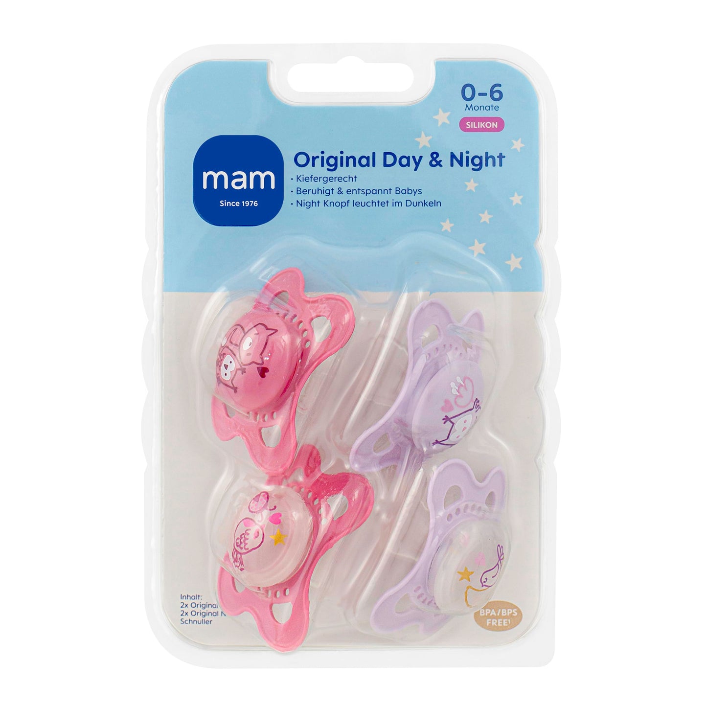 MAM Original Schnuller im 2er-Set, zahnfreundlicher Baby Schnuller aus nachhaltigen & bio-erneuerbaren Materialien, Sauger aus MAM SkinSoft Silikon, mit Schnullerbox, 0-6 Monate, Fuchs/Eule - Meloni2