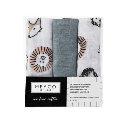 Meyco 457019 Mull/Musselin Spucktücher 3er Set, 30x30cm ANIMAL-UNI Stone Green-Weiss