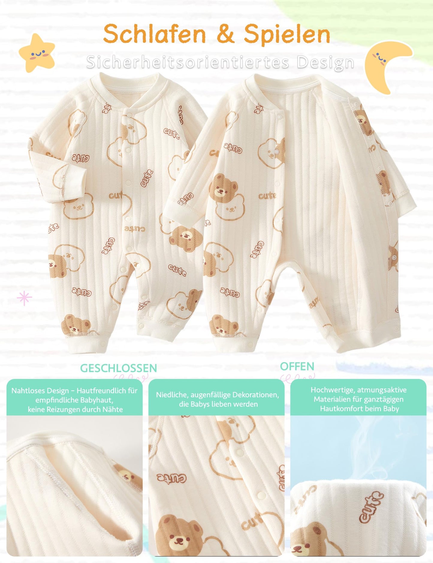 Neugeborener Unisex Strampler, Langarm-Overall, 100 % Baumwolle, weich und bequem, für Babys, Oberbekleidung und Nachtwäsche, geeignet für alle Jahreszeiten