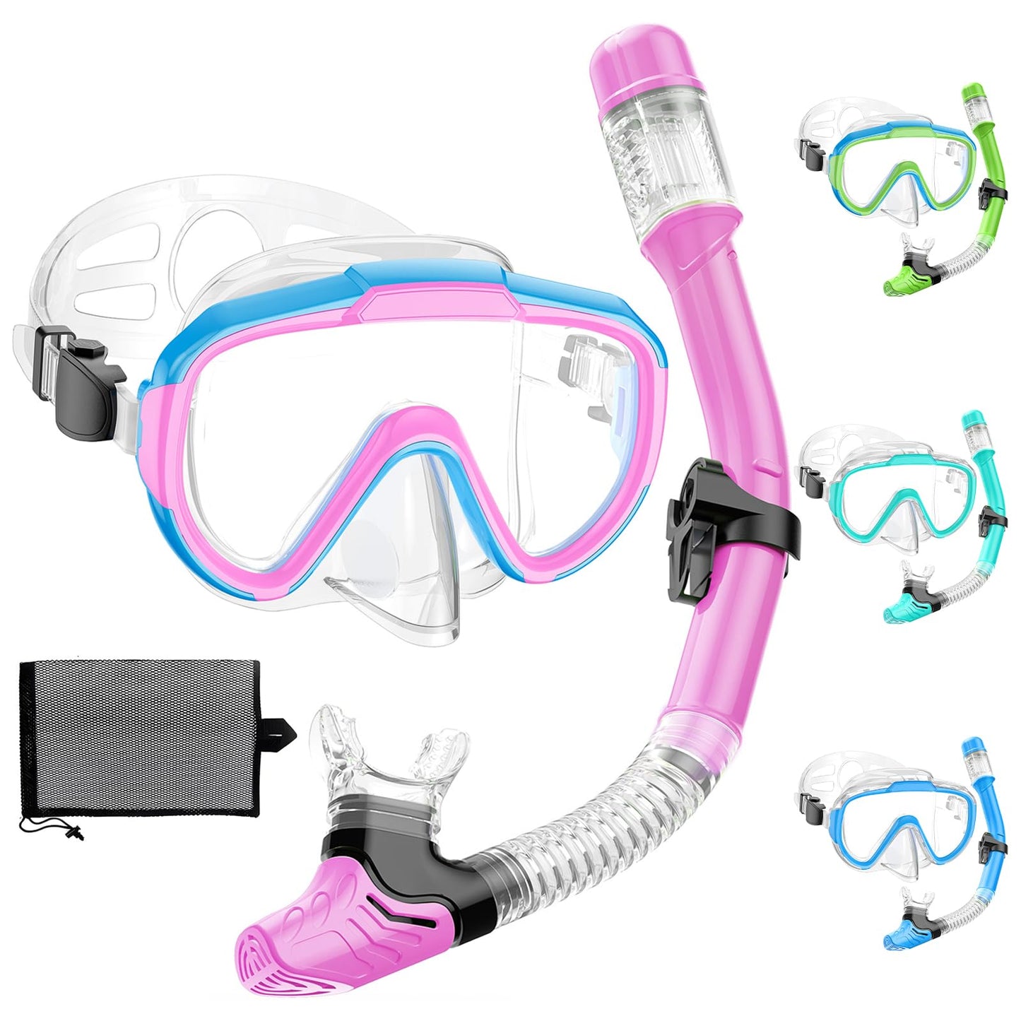 Lealinga Children's Snorkel Set with 180° Anti-Fog Panoramic Wide View Diving Mask and Dry Snorkel Snorkelling Set, Anti-Leak Snorkel Mask with Nose Protection for Boys and Girls