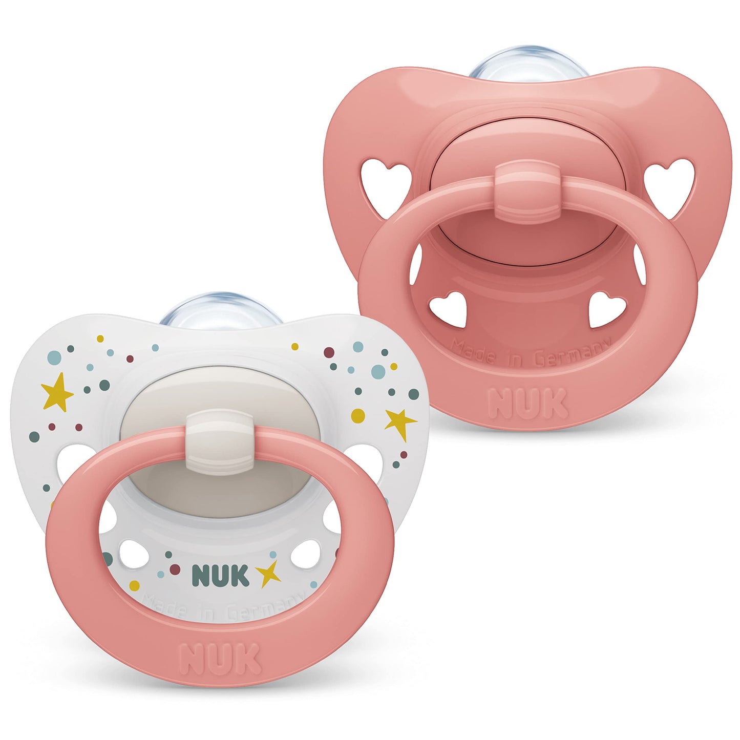 NUK Signature Baby Pacifier | 0-6 Months | Soothes 95% of Babies | BPA Free Silicone Heart-Shaped Pacifier | With Case | Green Stars | Pack of 2