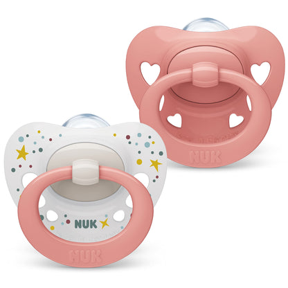NUK Signature Baby Pacifier | 0-6 Months | Soothes 95% of Babies | BPA Free Silicone Heart-Shaped Pacifier | With Case | Green Stars | Pack of 2