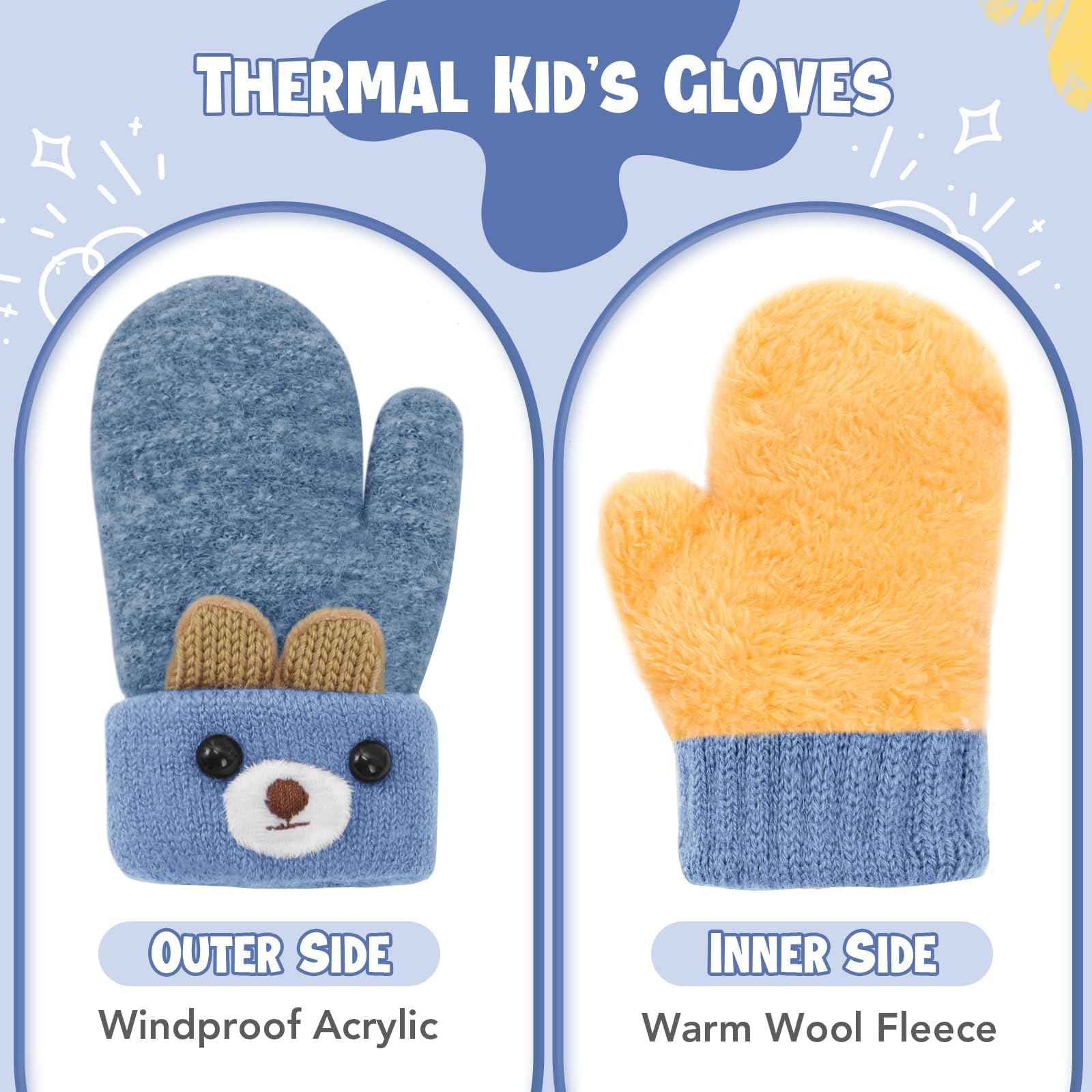 Becellen Fäustlinge Baby, Warme Weiche Kleinkind Strickhandschuhe mit Schlüsselband Niedliche Cartoon-Musterdesign Fäustlinge Baby Doppelt Winter Handschuhe für 0-3 Jahre Jungen Mädchen