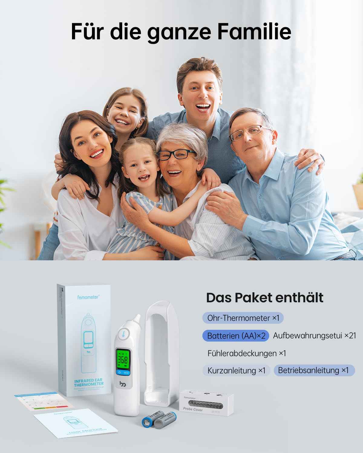 Fieberthermometer Ohr für Erwachsene & Kinder, 1s Ergebnis Hochpräzise Ohrthermometer, 30 Speicher Abrufen, 3-Farben-Fieber-Alarm, mit 21 Einweg-Sonde Abdeckungen & Aufbewahrungsbox (LCD-Transparente)
