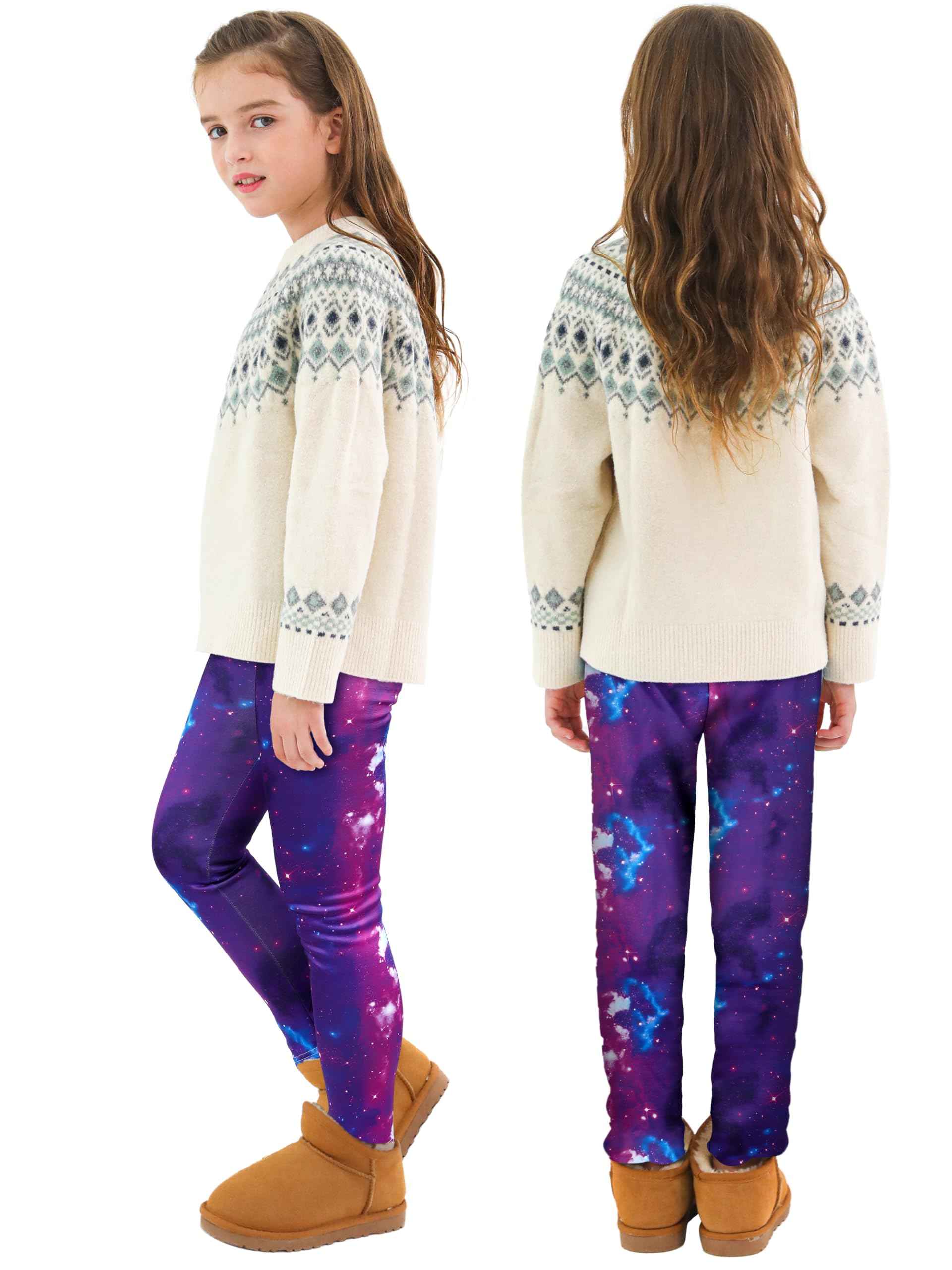 Ruisita 2 Pack Girls Winter Leggings Warm Thick Fleece Lined Leggings for Kids Ankle Length Printed Stretch Pants