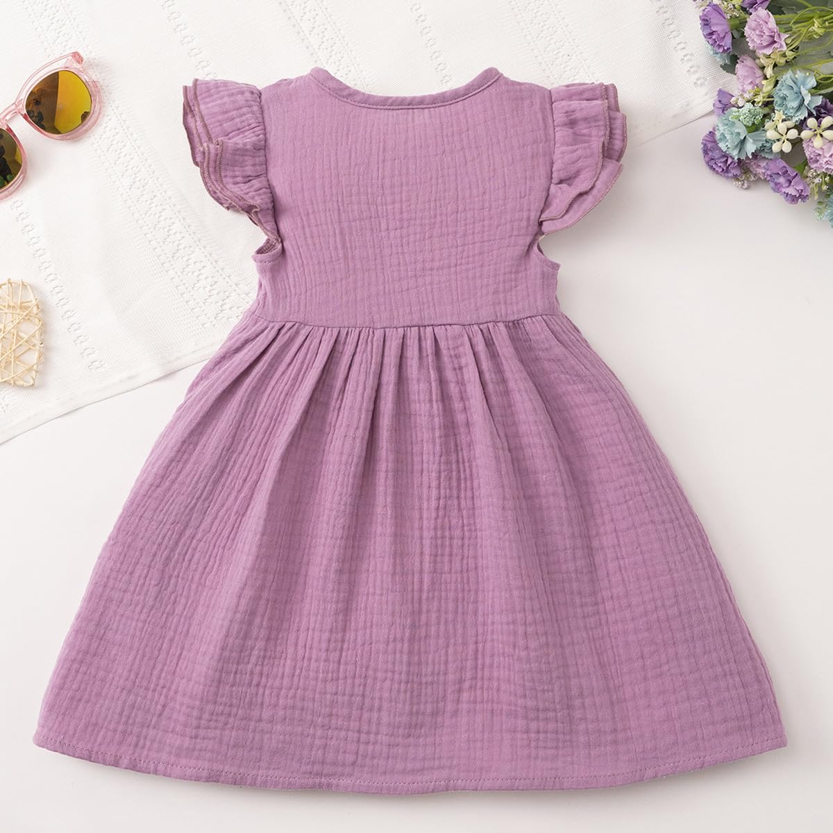 Kleinkinder Mädchen Sommerkleid Rüschenärmel Rundhalsausschnitt Knopfleiste Kleid lässiges Herbst A-Linien Party Kinderkleider 2-6 Jahre