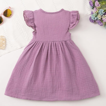 Kleinkinder Mädchen Sommerkleid Rüschenärmel Rundhalsausschnitt Knopfleiste Kleid lässiges Herbst A-Linien Party Kinderkleider 2-6 Jahre