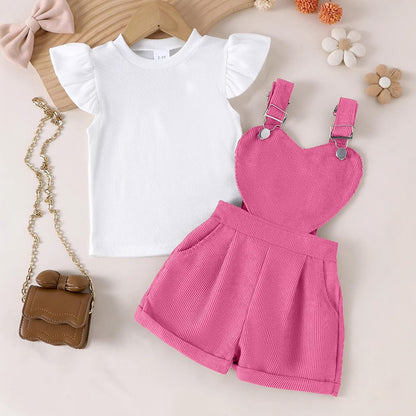 Baby Mädchen Sommer Outfits Rüschen Kurzarm Ripptop+ Blumen/Herzmuster Overalls Shorts Mit Tasche Süßes 2-Teiliges Kleidungsset