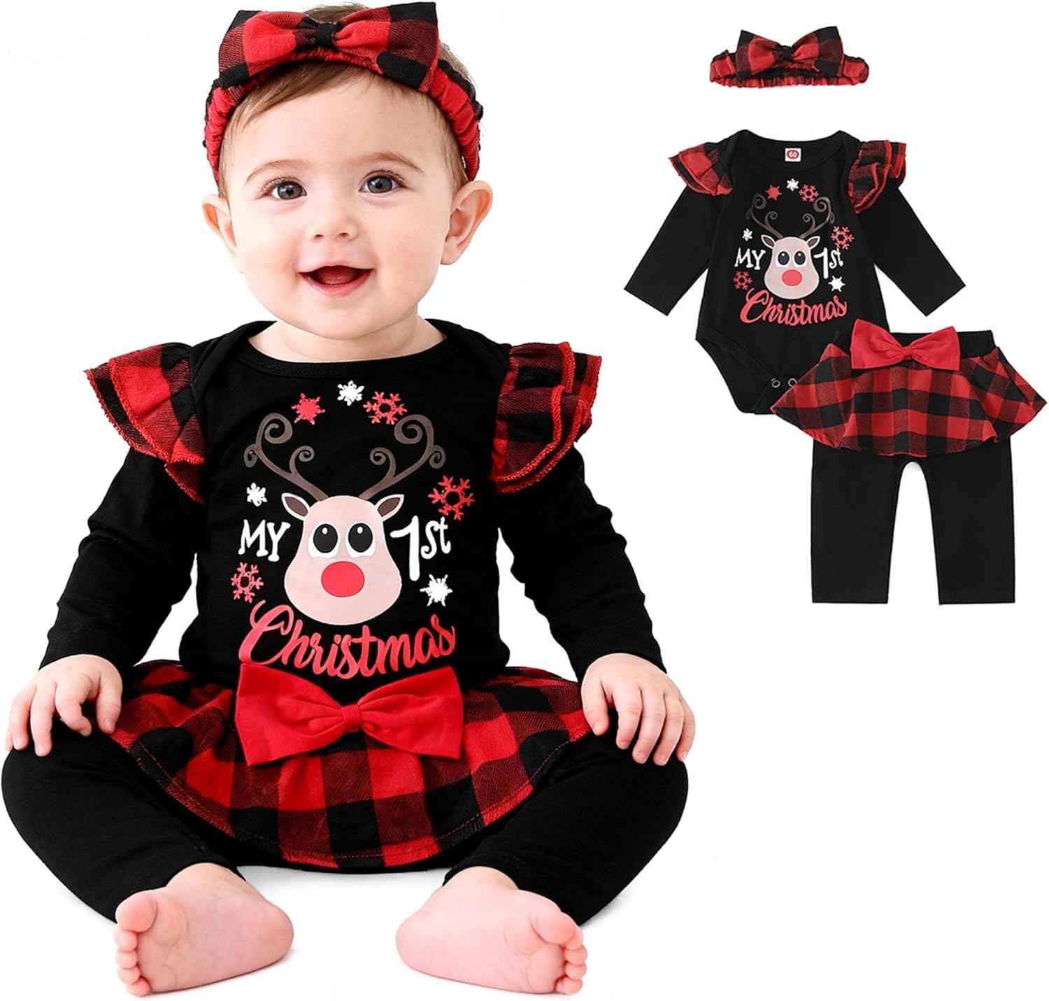 Asmea Baby Christmas Outfit Girls My First Christmas Outfit Newborn Christmas Clothing Christmas Baby Outfit Newborn Set Christmas Clothes Baby Romper + Trousers + Headband 0-18 Months