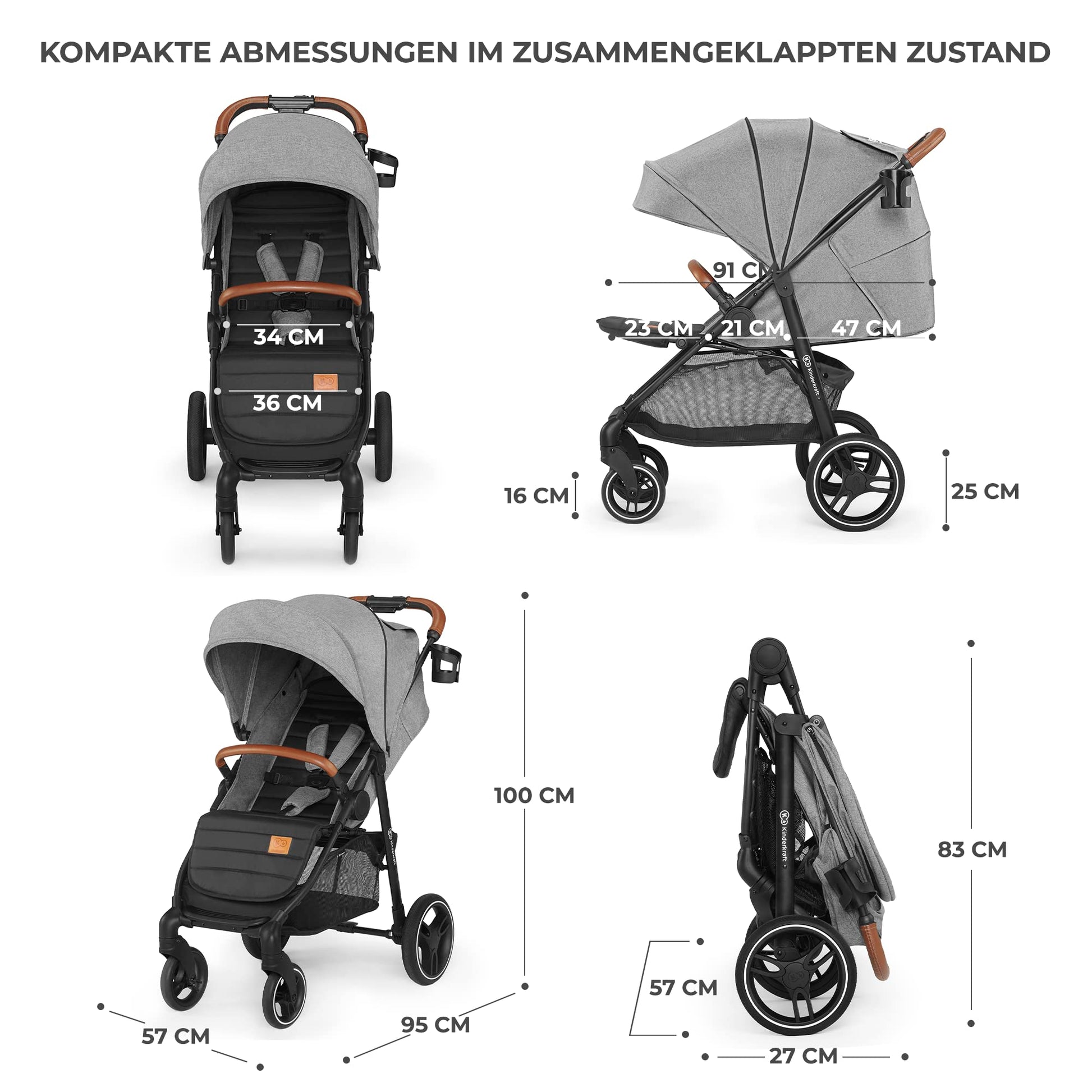 Kinderkraft GRANDE PLUS Kinderkraft Buggy von Geburt bis 22 kg, Zusammenklappen mit einer Hand, Liegeposition, großes Verdeck mit Fenster, alle 4 Räder gedämpft, geräumige Sitz, Grau - Meloni2