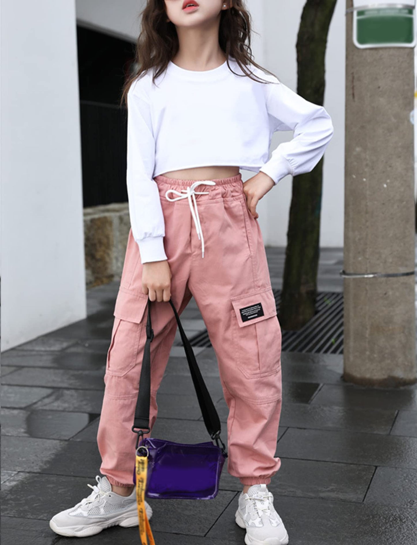 SEAUR Cargo Hose Mädchen Freizeithose Hip Hop Hose mit Gummibung Sporthose Jogginghose mit Taschen Kordelzug Trainingshose Sport Freizeit Streetwear - 100-160cm