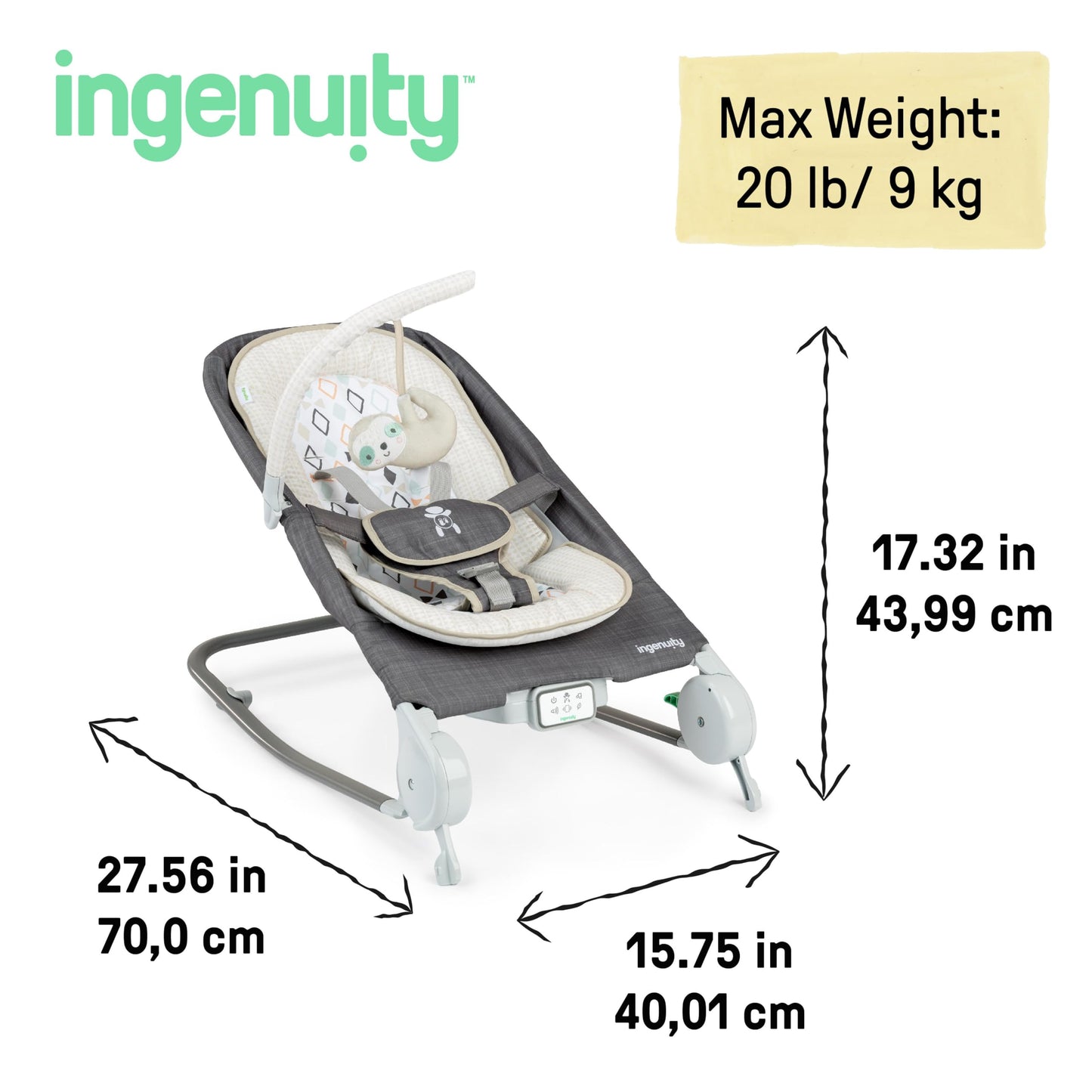 Ingenuity, Cuddle Lamb Babywippe Babyschaukel mit Schaukelfunktion und Vibrationen, Spielbogen mit 2 Plüsch Spielzeug, Musik, 4 Naturgeräuschen und Lautstärkeregler, ab Geburt bis 18 kg