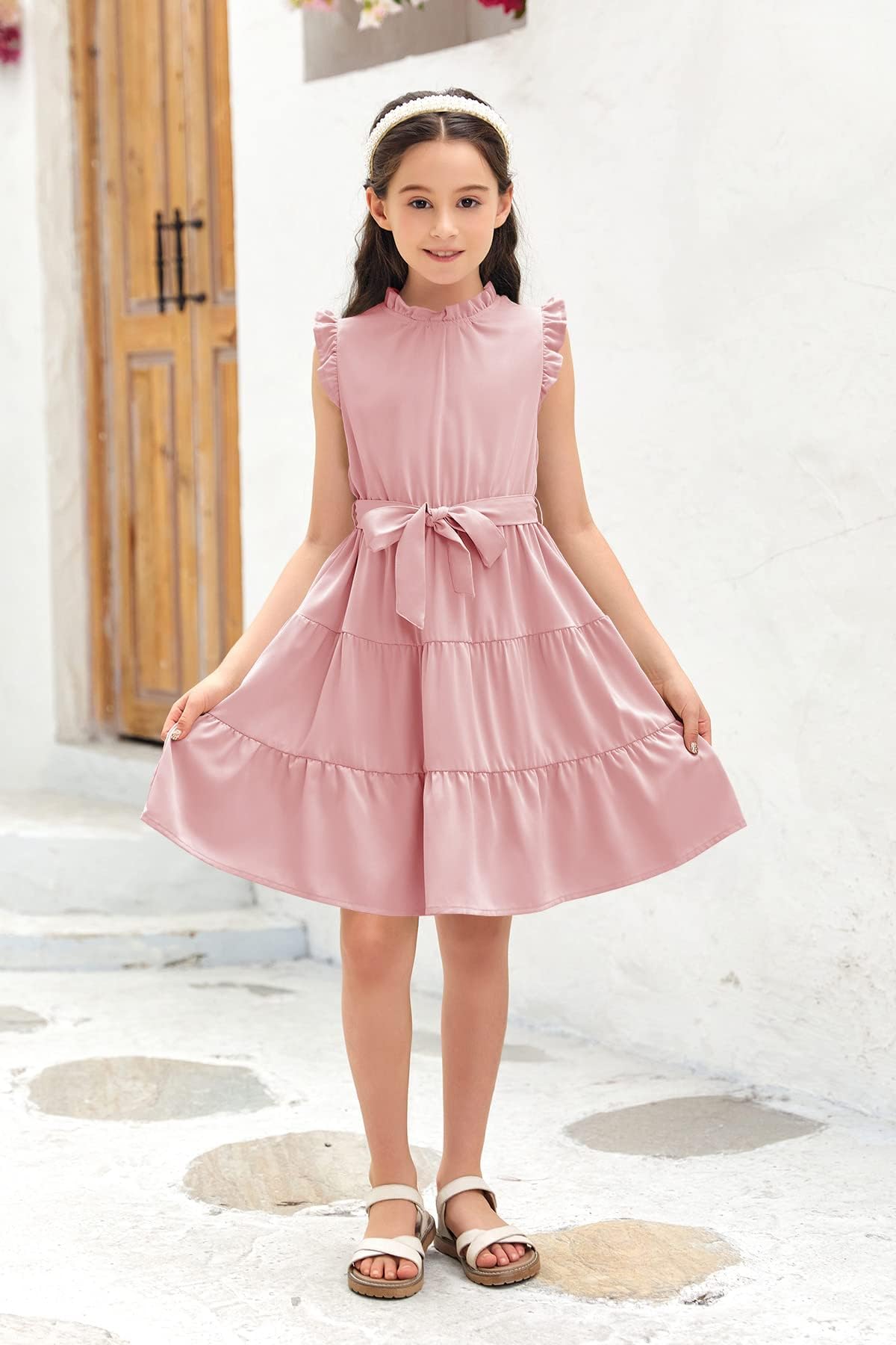 Haloumoning Mädchen Kleider Casual Rüschen Ärmel Midi Kleid Kinder Plissee Party Kleid mit Gürtel 4-15 Jahre