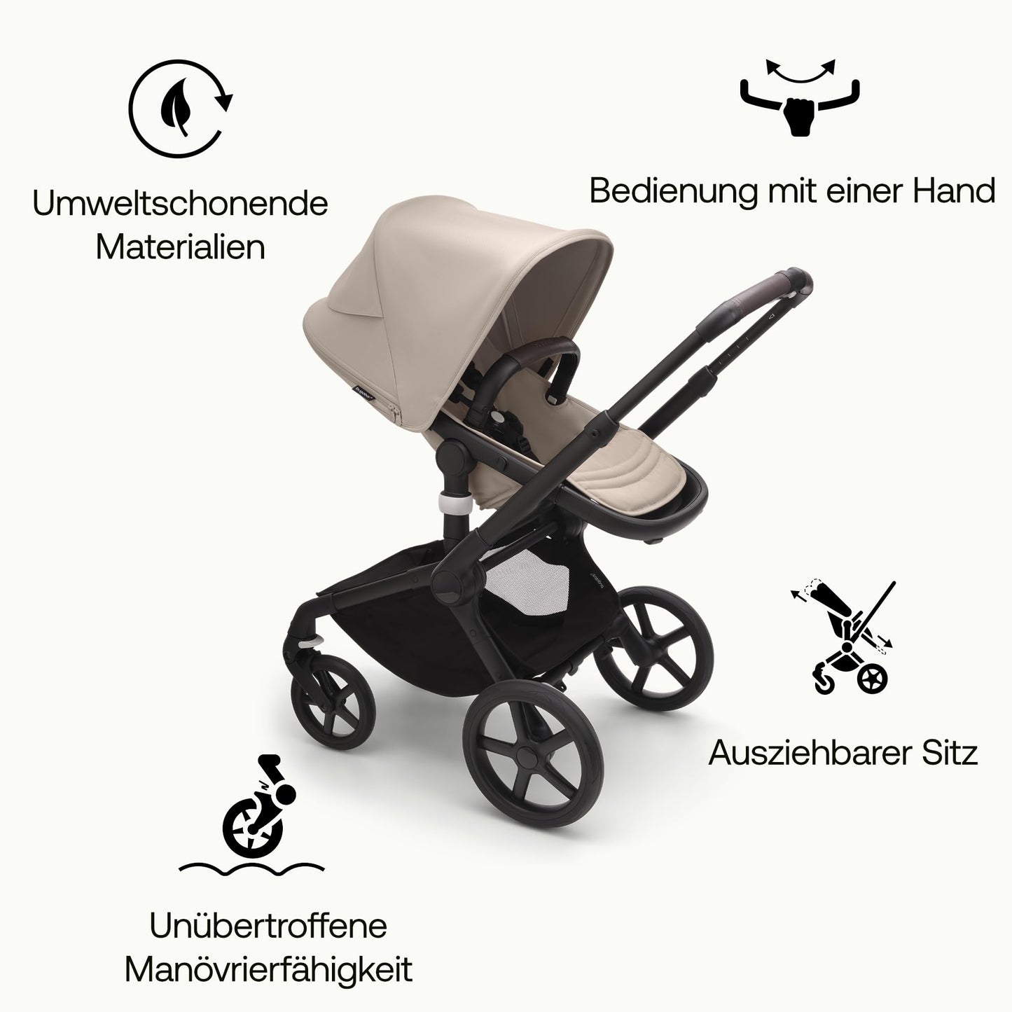 Bugaboo Fox 5, 2-in-1 Kinderwagen für jedes Gelände, mit Liegewanne und ausziehbarem Kleinkindsitz, einfach zu manövrieren und Ein-Hand Faltung, Fahrgestell in Schwarz und Sonnendach in Forest Green