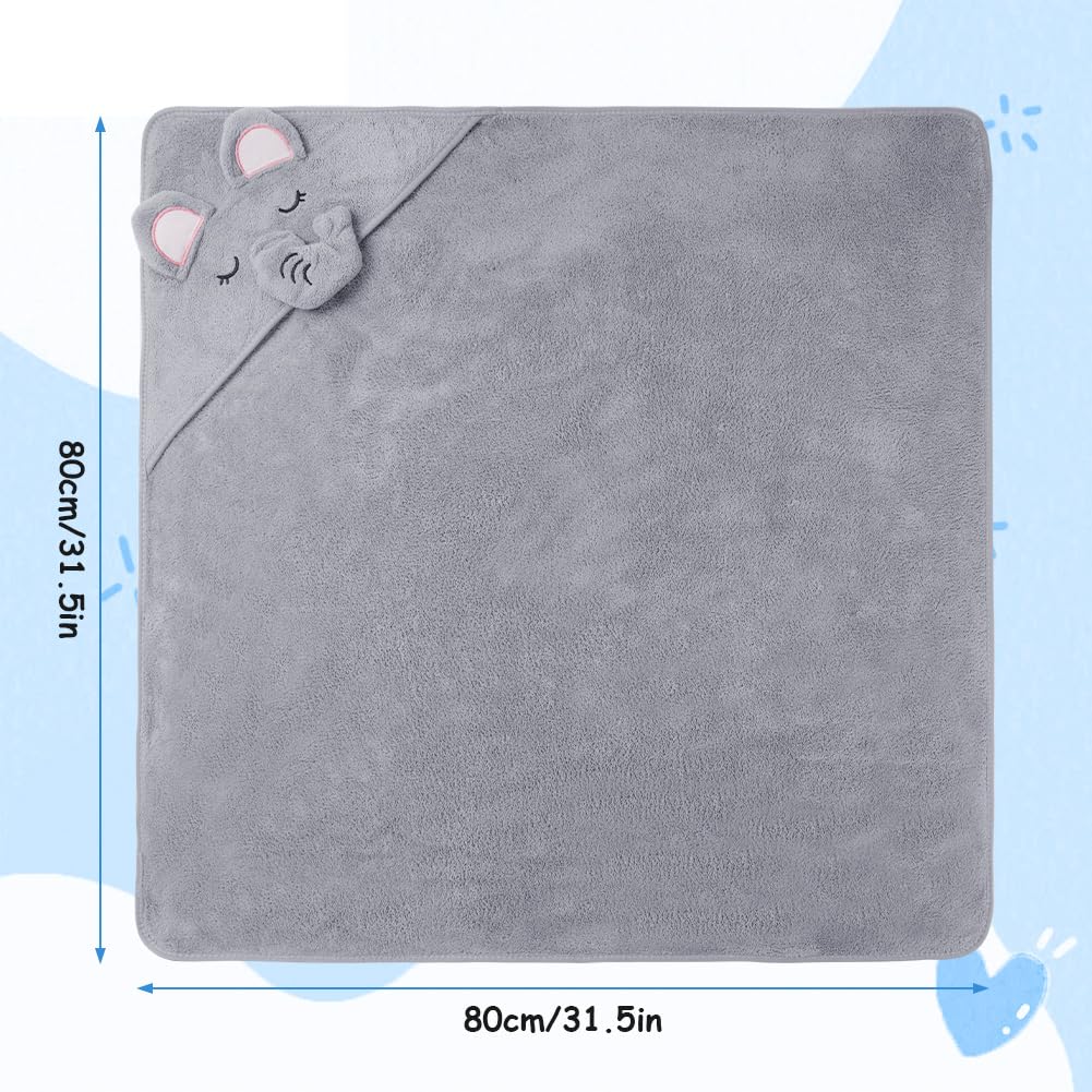 Aolso Hooded Towel Baby, 80 x 80 cm Baby Towel Hood, Baby Wash Cloth, Coral Fleece Baby Towel with Hood for Newborns, Soft and Super Absorbent, Unisex (Grey Elephant)