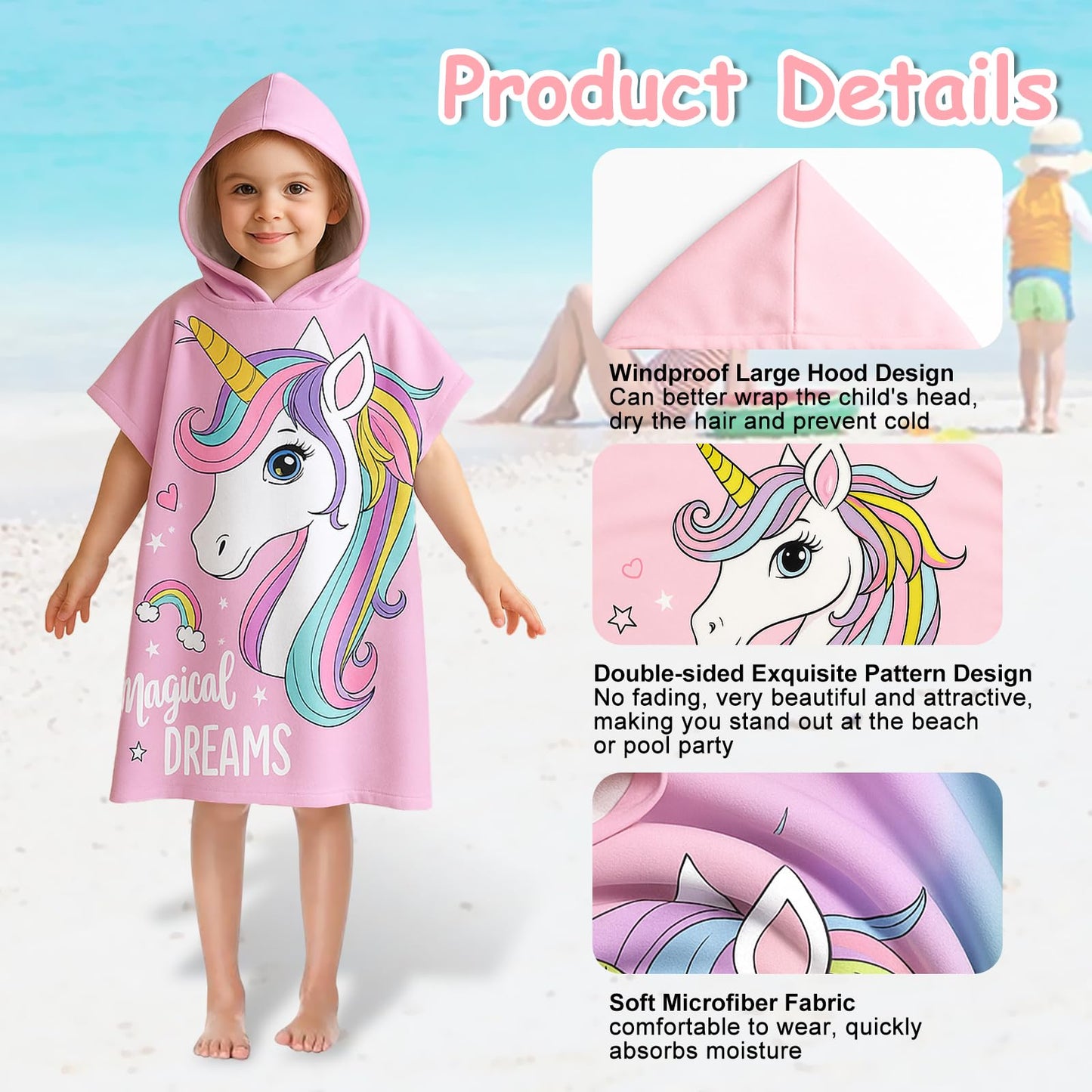 LMSHOWOWO Badeponcho Kinder mit Kapuze 75 * 65cm, Mikrofaser Handtuch Poncho Kinder, Weich Saugfähig Strandtuch Badetuch Badehandtuch, für Strand Schwimmen Reisen, für Mädchen Jungen 2-8 Jahre Alt