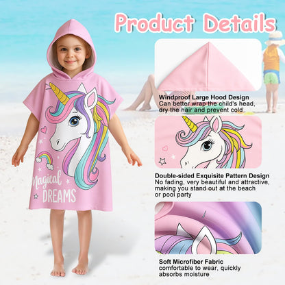 LMSHOWOWO Badeponcho Kinder mit Kapuze 75 * 65cm, Mikrofaser Handtuch Poncho Kinder, Weich Saugfähig Strandtuch Badetuch Badehandtuch, für Strand Schwimmen Reisen, für Mädchen Jungen 2-8 Jahre Alt