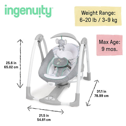 Ingenuity ConvertMe 2-in-1 Baby Swing & Rocker Baby Rocker Electric Portable Vibrations Nature Sounds 0-9 Months Max 9kg - Swell