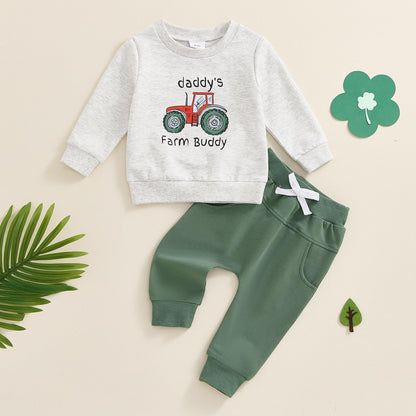 Baby-Frühlings-Outfit für Jungen, Trainingsanzüge mit Traktor-/Auto-Print, Sweatshirts mit langen Ärmeln mit Autodruck + elastische Kordelzughose, 2-teiliges Sportbekleidungsset, weiche Traktor-Outfits