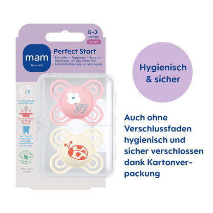 MAM Perfect Start Schnuller im 2er-Set, speziell für Neugeborene, zahnfreundlicher Baby Schnuller aus nachhaltigen & bio-erneuerbaren Materialien, mit Schnullerbox, 0-2 Monate, Biene/Schnecke - Meloni2