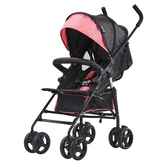 VEVOR Leichter Kinderwagen, kompakt, einfach zusammenklappbar, mit verstellbarer Rückenlehne, Rahmen aus Karbonstahl, großer Aufbewahrungskorb, Kinderwagen mit Schirm für Reisen und mehr, Schwarz/Pink - Meloni2