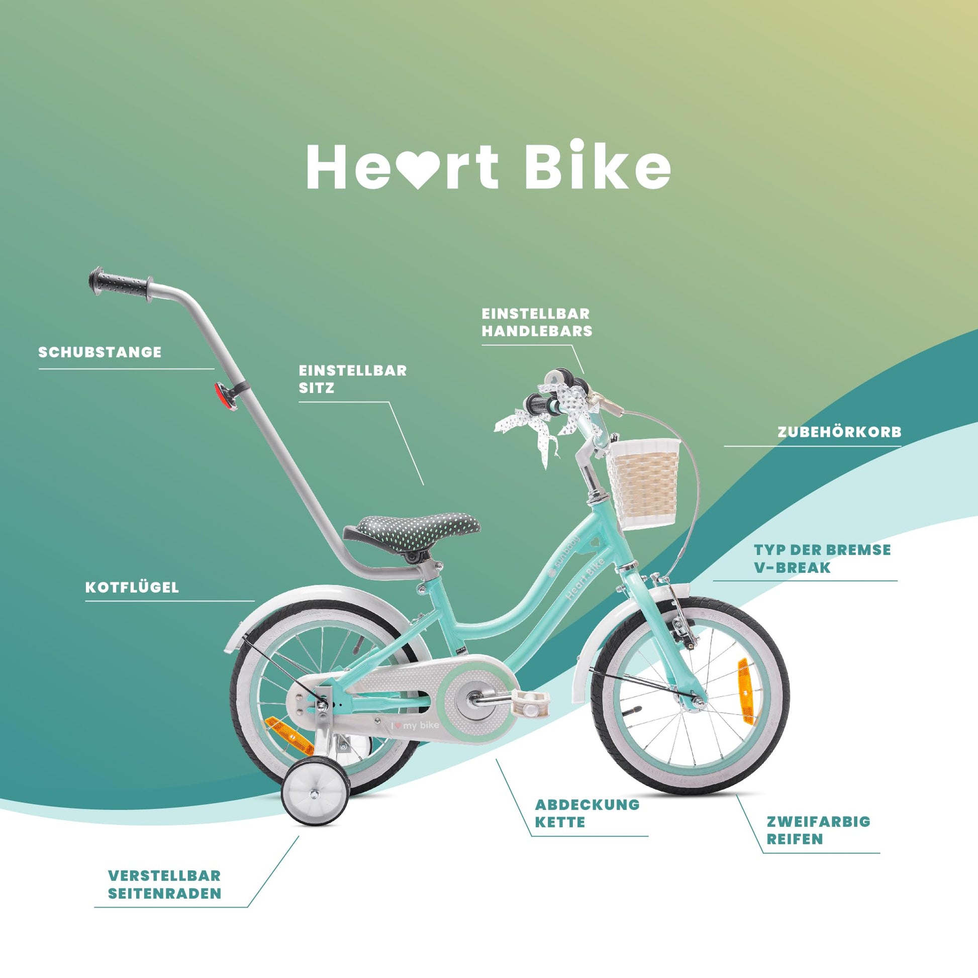 sun baby Mädchenfahrrad 12, 14 und 16 Zoll Radgröße Heart Bike zur Auswahl, mit Abnehmbarer Schubstange, Kinderfahrrad für Mädchen von 2 bis 6 Jahre - Meloni2