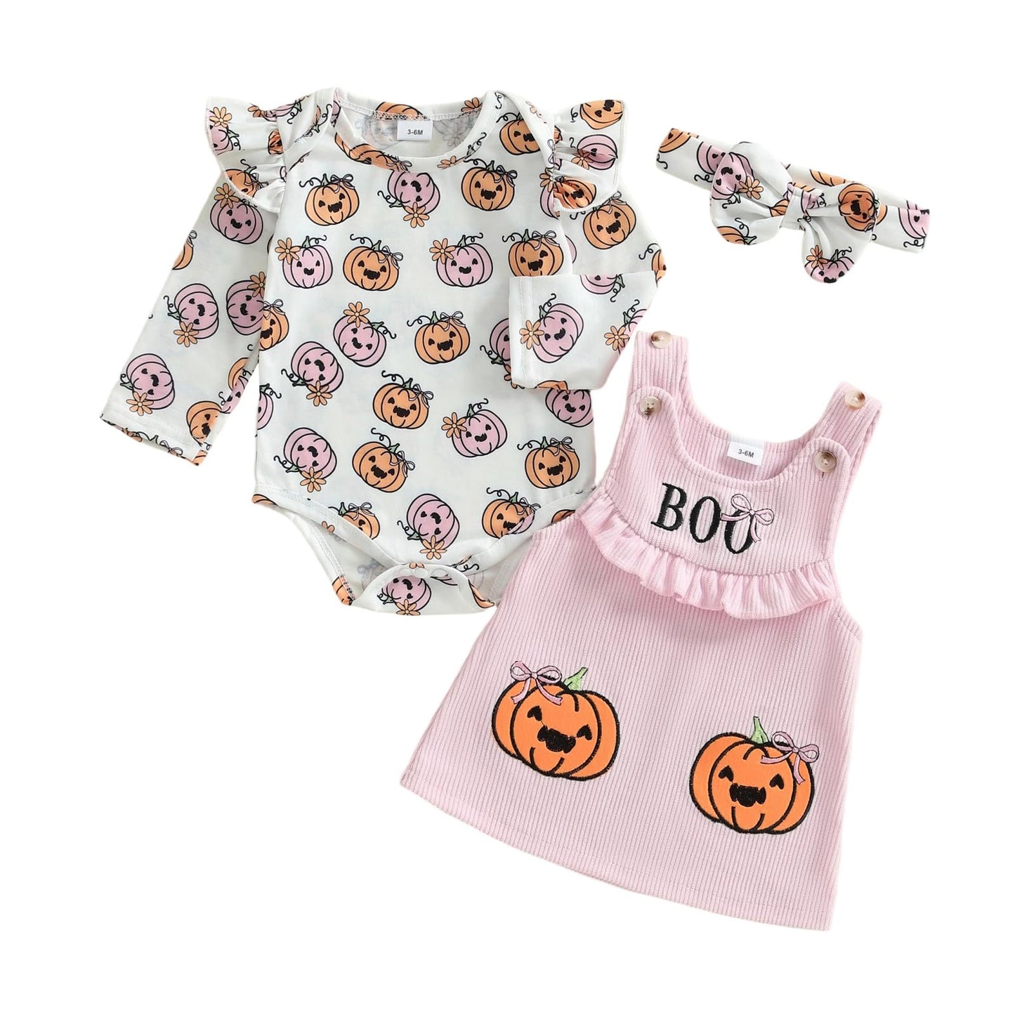 Geagodelia Baby Girl Halloween Clothing Outfit Pumpkin Ghost Baby Clothing Set Body Top + Jumpsuit Dress Newborn Soft Baby Set