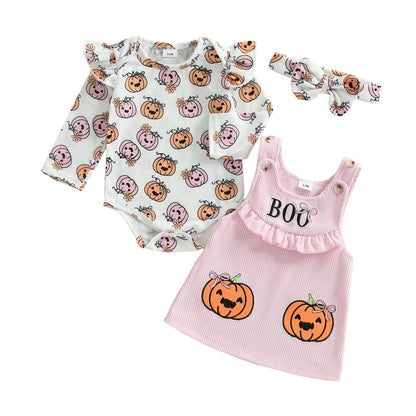Geagodelia Baby Girl Halloween Clothing Outfit Pumpkin Ghost Baby Clothing Set Body Top + Jumpsuit Dress Newborn Soft Baby Set