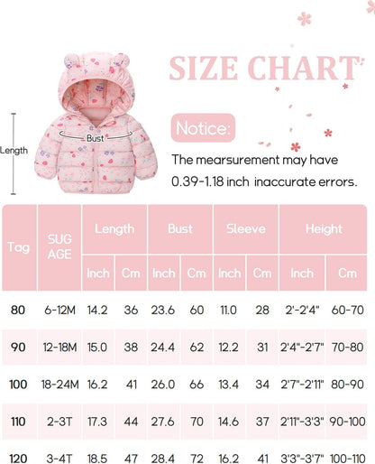 Happy Cherry Winter Jacket Baby Boys Girls Winter Coat with Hood Quilted Jacket Warm Lightweight Down Jacket Winter Cute Printed Outerwear 