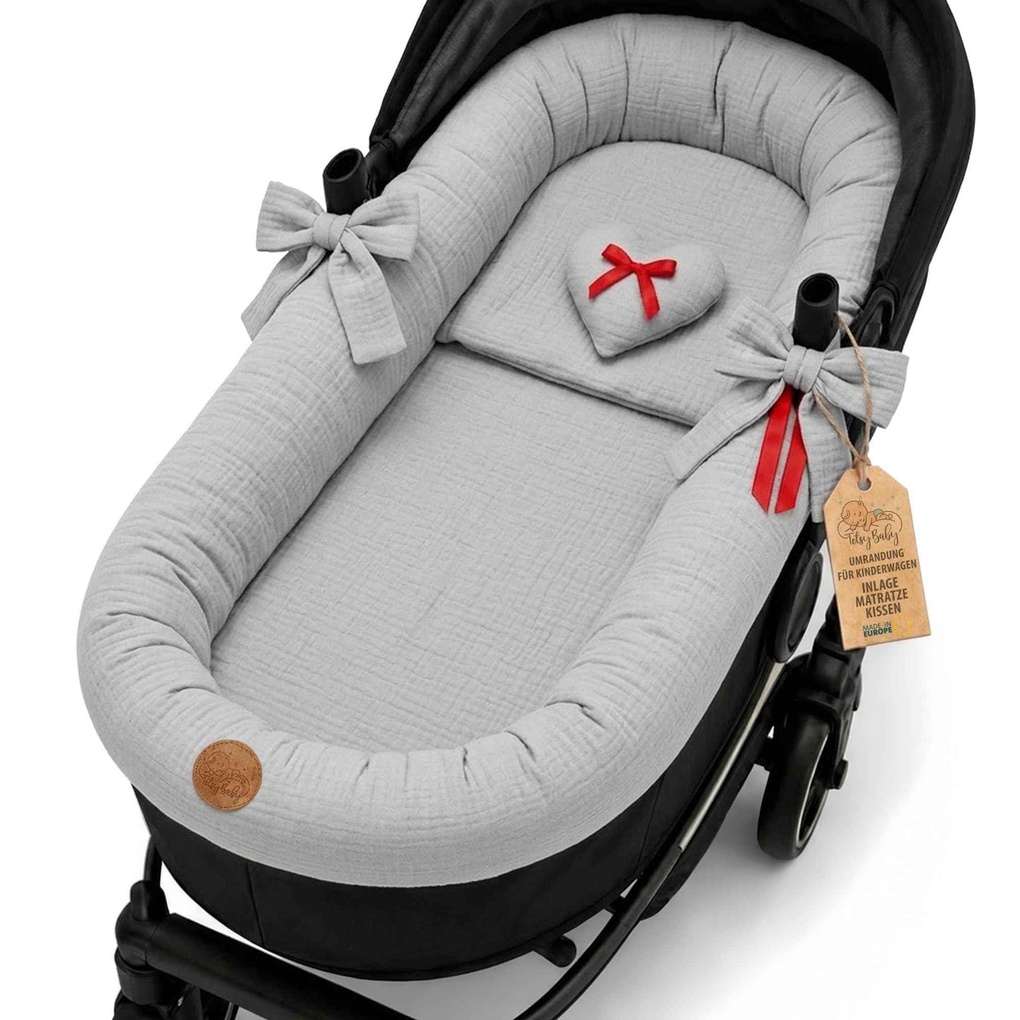Stubenwagen Umrandung aus Musselin Baumwolle – Nestchen für Babywanne Kinderwagen und Buggy Atmungsaktiv – Schonbezug Set 3-teilig mit Kissen und Einlage für Neugeborene Gefieder