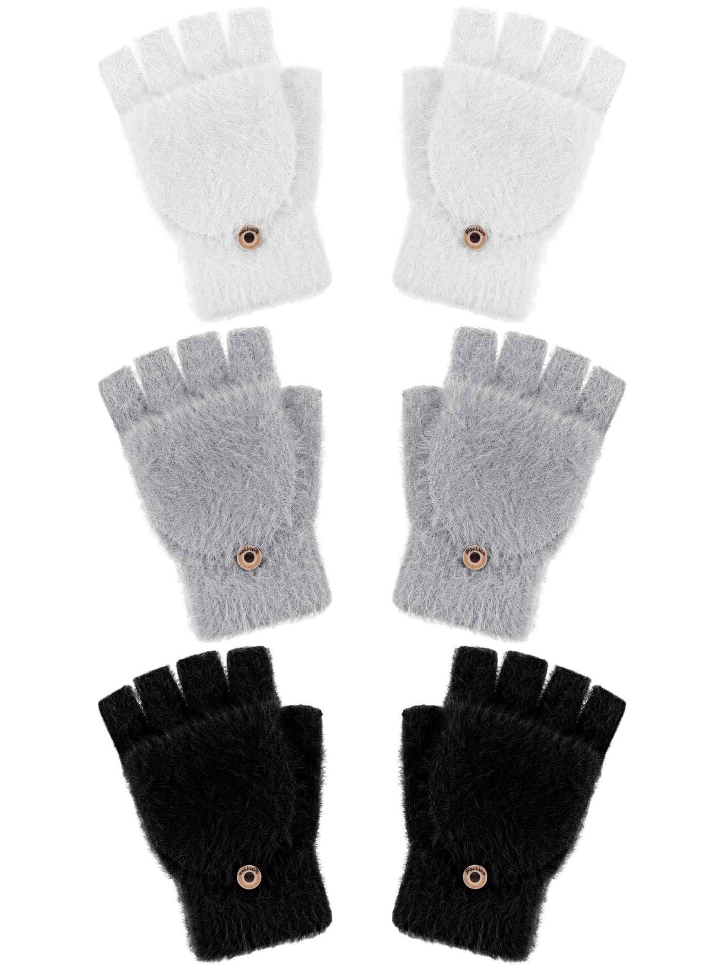 Geyoga 3er Pack Fingerlose Handschuhe mit Klappe Damen Winter Halbfinger Fäustlinge Handschuhe für Kinder
