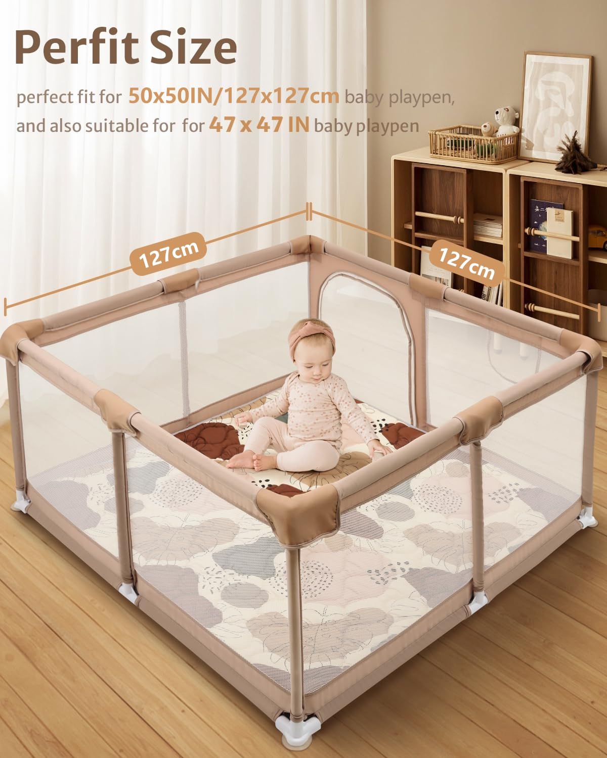 Lambluefly Krabbelmatte Baby Faltbar, Verdickte Krabbeldecke für Baby 127x127cm, Anti Rutsch Matte, Maschinenwaschbare, Spielmatte Baby Faltbar, Baby Play Mat für Laufgitter, Design im Bohème-Stil - Meloni2