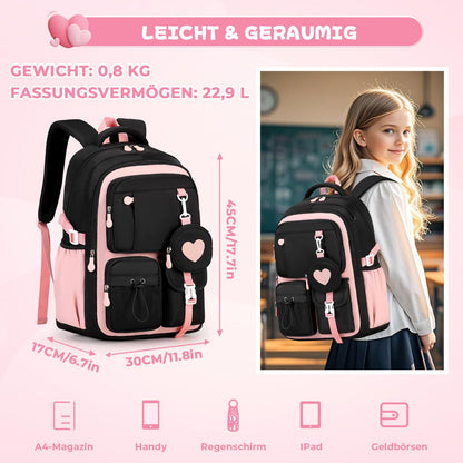 Schulrucksack Teenager Mädchen 22,9L mit Abnehmbarem Münzbeutel | Reflektierende Sicherheitsstreifen,S-förmige Wirbelsäulenstütze,Wasserfestes Gewebe,Wabenbelüfteter Rücken