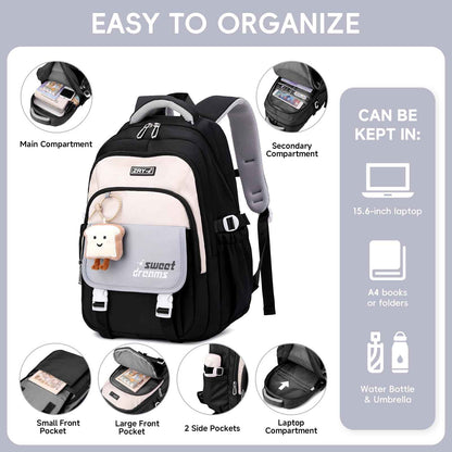 School Backpack Teenager - 36L School Bag for Girls from 5th Grade, Large Backpack for Middle and High School, Casual Children's Backpack with Cute Pendant and Trolley Strap, black, Rucksack