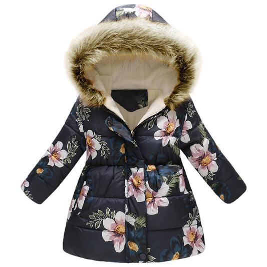 amropi Girls' Floral Winter Jacket with Fur Hood Warm Winter Coat Children's Jacket for 2-10 Years