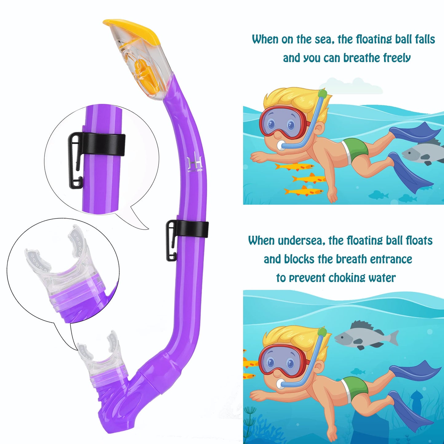 HH HHAO SPORT Children's snorkel set with fins, 180° panorama wide view diving goggles children, adjustable flippers, high-quality diving mask and dry top snorkel