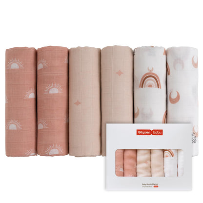 GLLQUEN Musselintücher für Babys, 6 Stück Spucktücher aus Baumwolle 70 cm x 70 cm, saugfähig und atmungsaktiv und ideal zum Reinigen, Abwischen und Abdecken von Neugeborenen