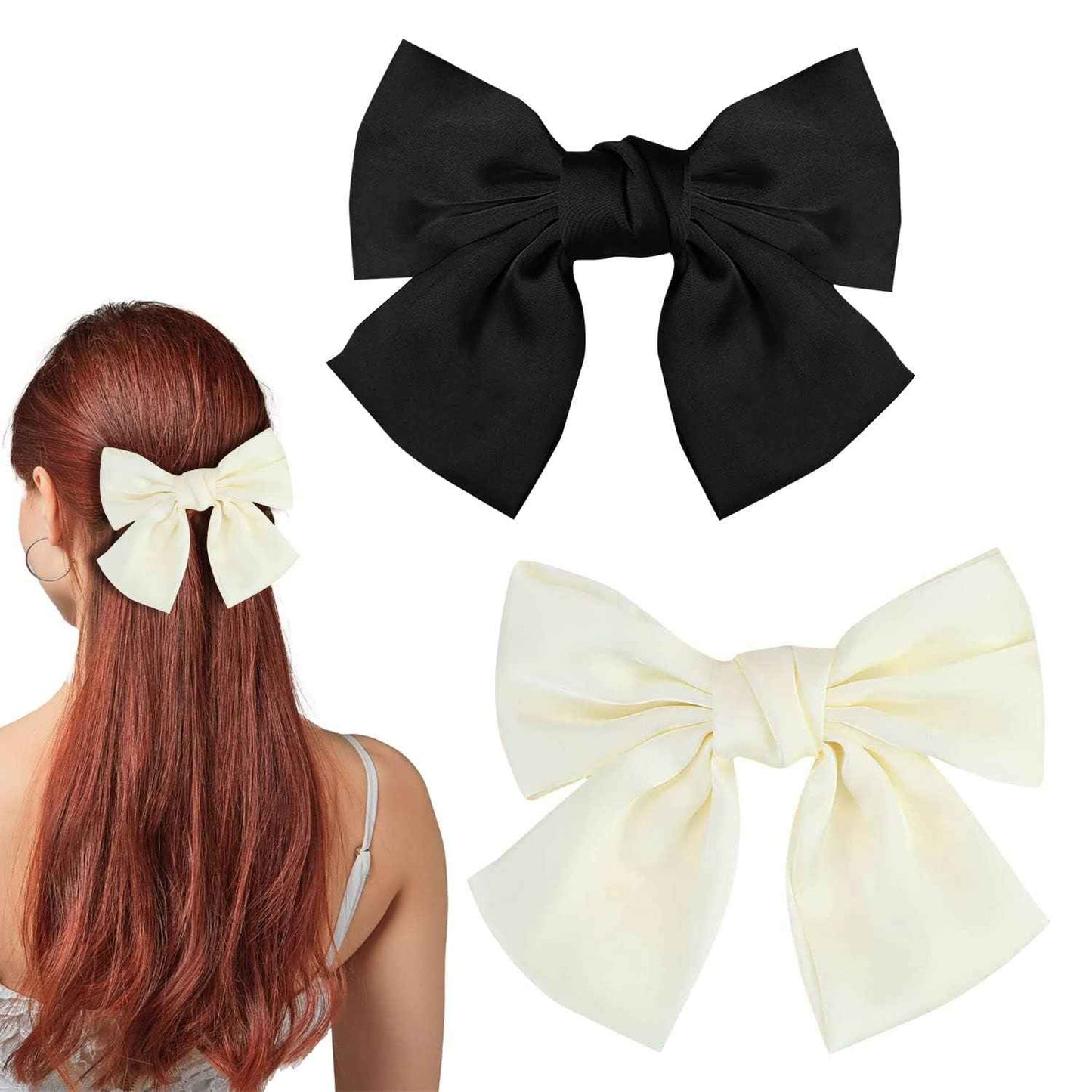 Bow Hair Clip, Pack of 2 Women Hair Bows Large Bow Hair Clip French Hair Clips Girls Hair Clips (Black + White)