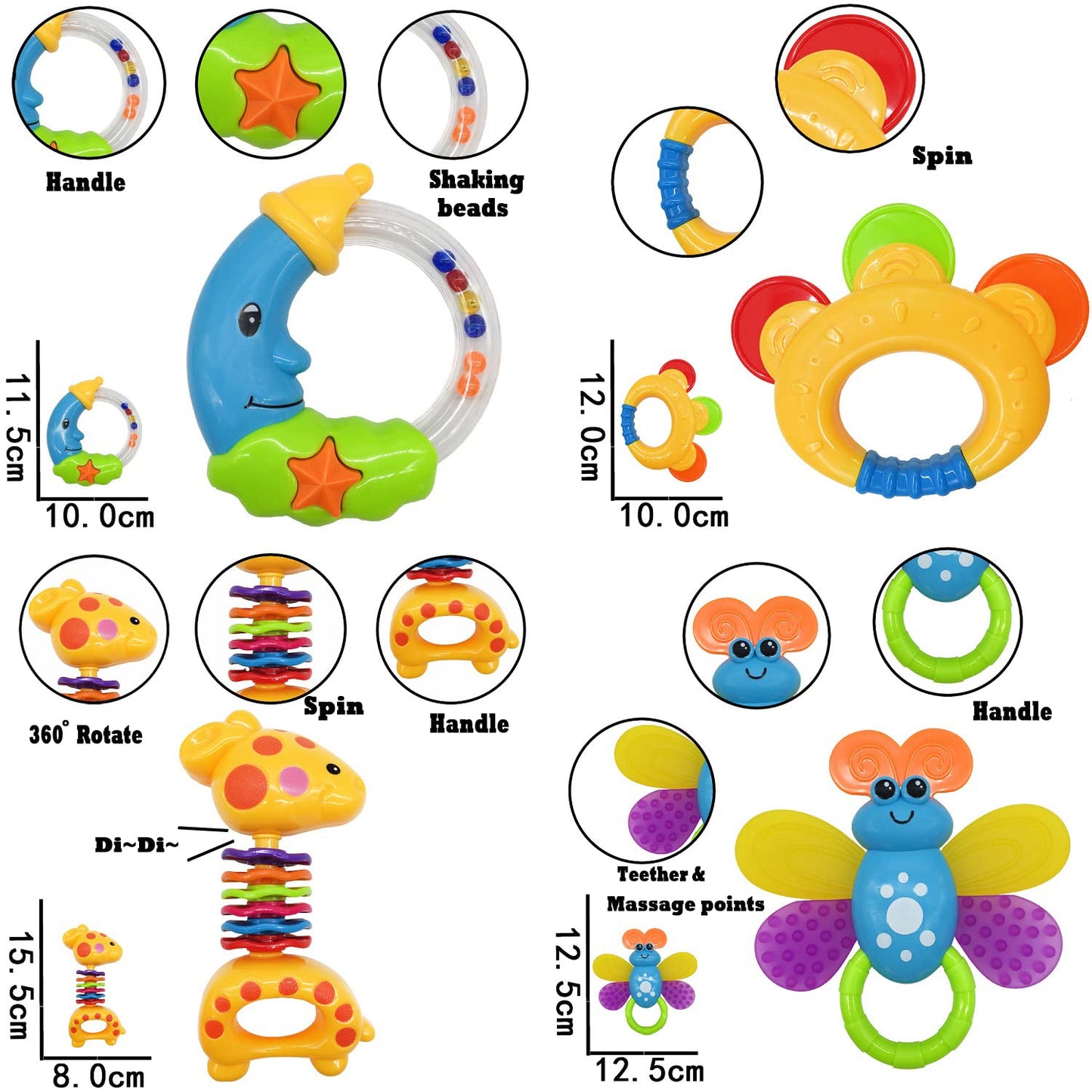 Baby Rassel Beißring Set Baby Spielzeug 6 Monate Babyspielzeug ab 3 6 9 12 Monaten Shaker Greifen Rassel Neugeborenes Spielzeug Musikalische Rasseln für Babys und Kleinkinder Geschenk（11 PCS）