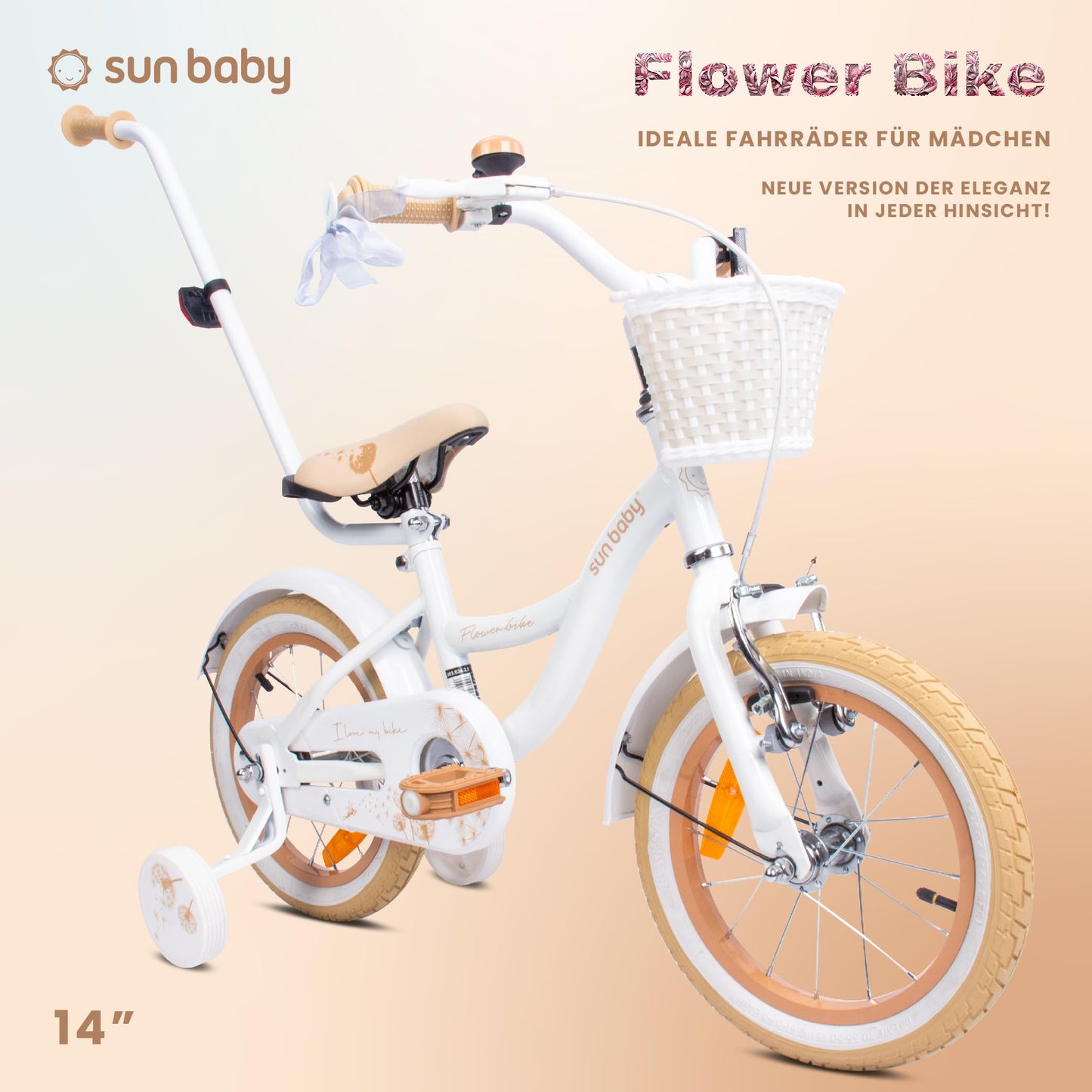sun baby Mädchenfahrrad Flower Bike Radgröße zur Auswahl, mit Abnehmbarer Schubstange, Kinderfahrrad für Mädchen von 2 bis 6 Jahre