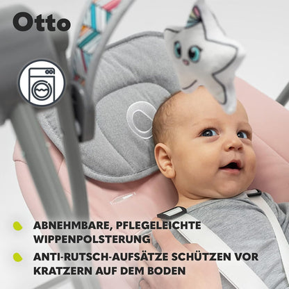 LIONELO Otto Baby Seesaw, Baby Swing, Play Arch with Interactive Toys, 5 Swing Speeds, Nature Sounds, from Birth to 9 kg, Foldable (Cozy Grey) (Pink)