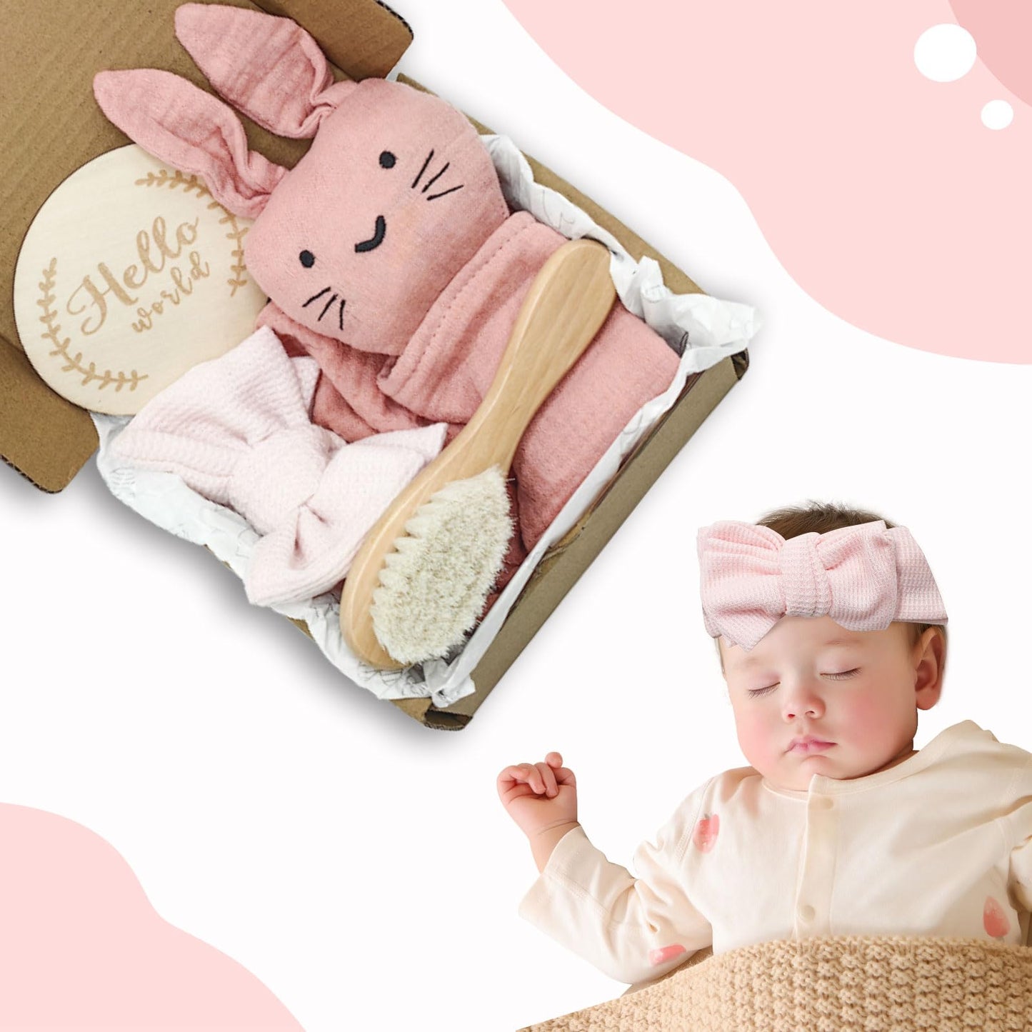 YTACREA Schmusetuch Baby, Baby Geschenk Mädchen Junge Personalisierte Geschenk Neugeborenen mit Schmusetuch, Lätzchen, Turban, Meilensteinkarten, Bürsten und Socken, Khaki