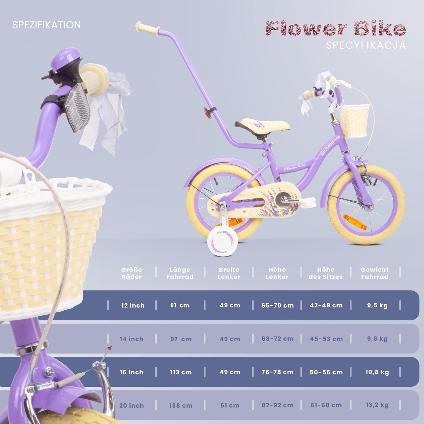 sun baby Mädchenfahrrad Flower Bike Radgröße zur Auswahl, mit Abnehmbarer Schubstange, Kinderfahrrad für Mädchen von 2 bis 6 Jahre