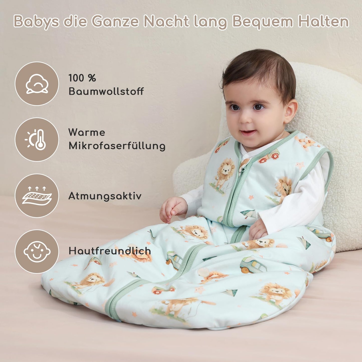 Yukkidds Baby Summer Sleeping Bag, 100% Cotton, 0.5 Tog, beige elephant, 0 - 6 months