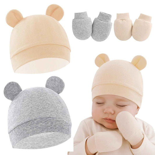 2 Sets Newborn Baby Hat and Gloves Set Beanie Clothing Unisex Infant Hat Nursery Hat Baby Boys Girls 0-6 Months (Apricot, Grey)
