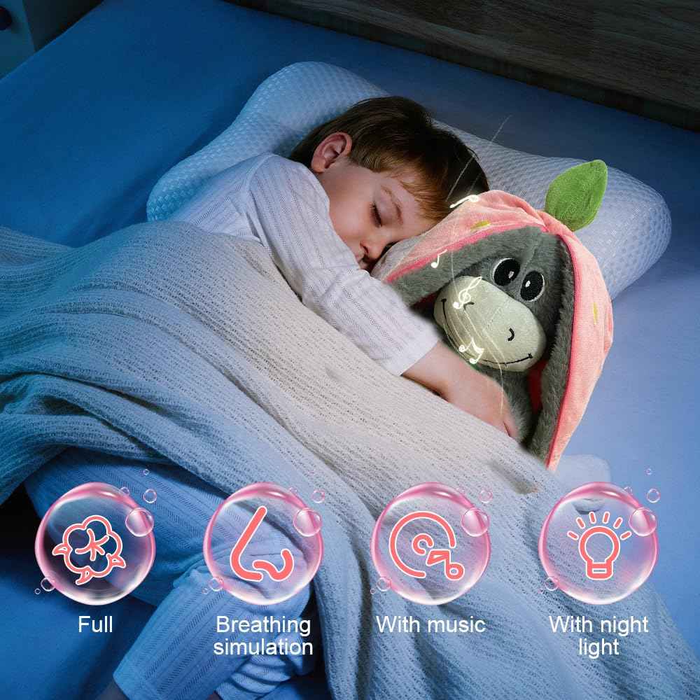 Atmendes Kuscheltier Esel, 32cm Herzschlag Plüsch Esel mit Atmung, Musik und Lichtern, Weiches Erdbeer Avocado Plüschtier Puppe, Kuscheltier Atmet Esels zum Linderung Angstzuständen (Rosa)