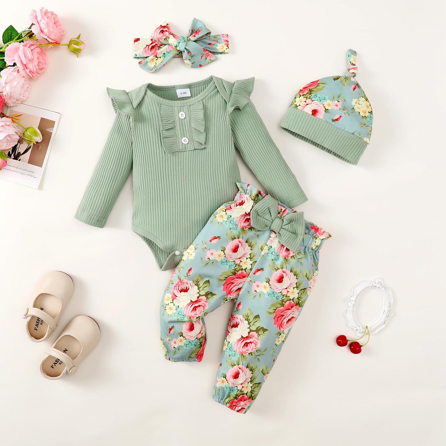 Neugeborenes Baby Mädchen Kleidung Kleinkind Gerippte Rüschen Langarm Strampler + Floral Hosen + Stirnband Nette Herbst Outfit Set