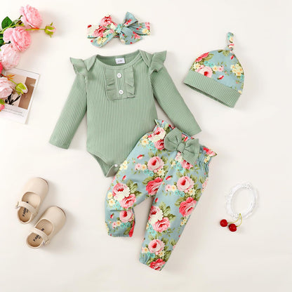 Neugeborenes Baby Mädchen Kleidung Kleinkind Gerippte Rüschen Langarm Strampler + Floral Hosen + Stirnband Nette Herbst Outfit Set